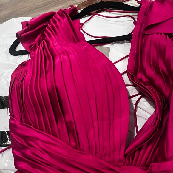 Ieena for Mac Duggal Purple Pleated Ruffled Cap Sleeve Cut Out Lace Up Gown - Picture 7 of 12